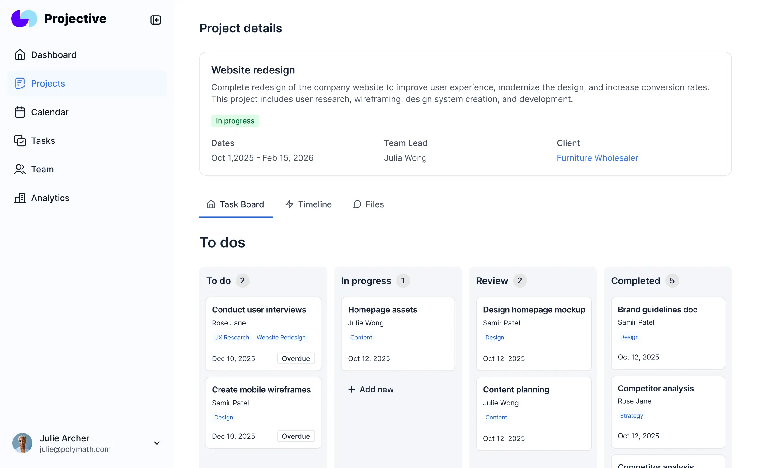 Screenshot of a task management app interface for small businesses, featuring a kanban board of active projects, task priority labels, team member avatars, and a deadline calendar.
