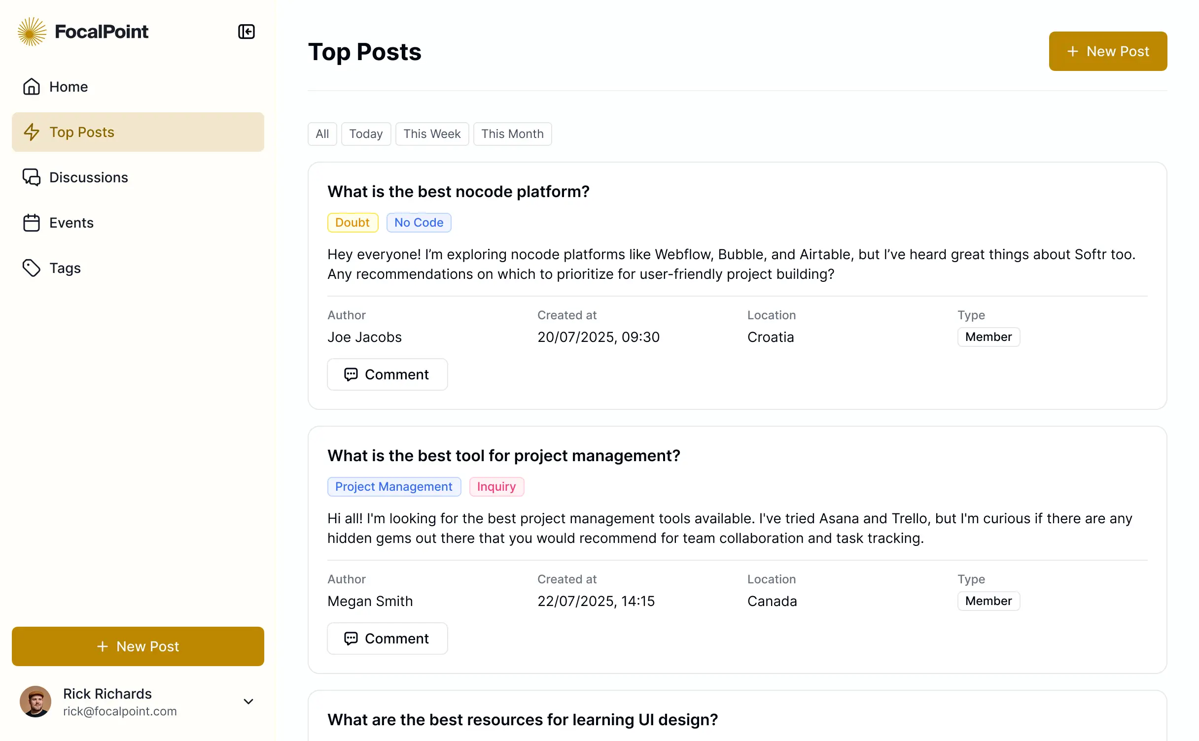 Screenshot of a community engagement tracker interface featuring member activity charts, a directory with engagement scores, event attendance lists, and navigation menus.