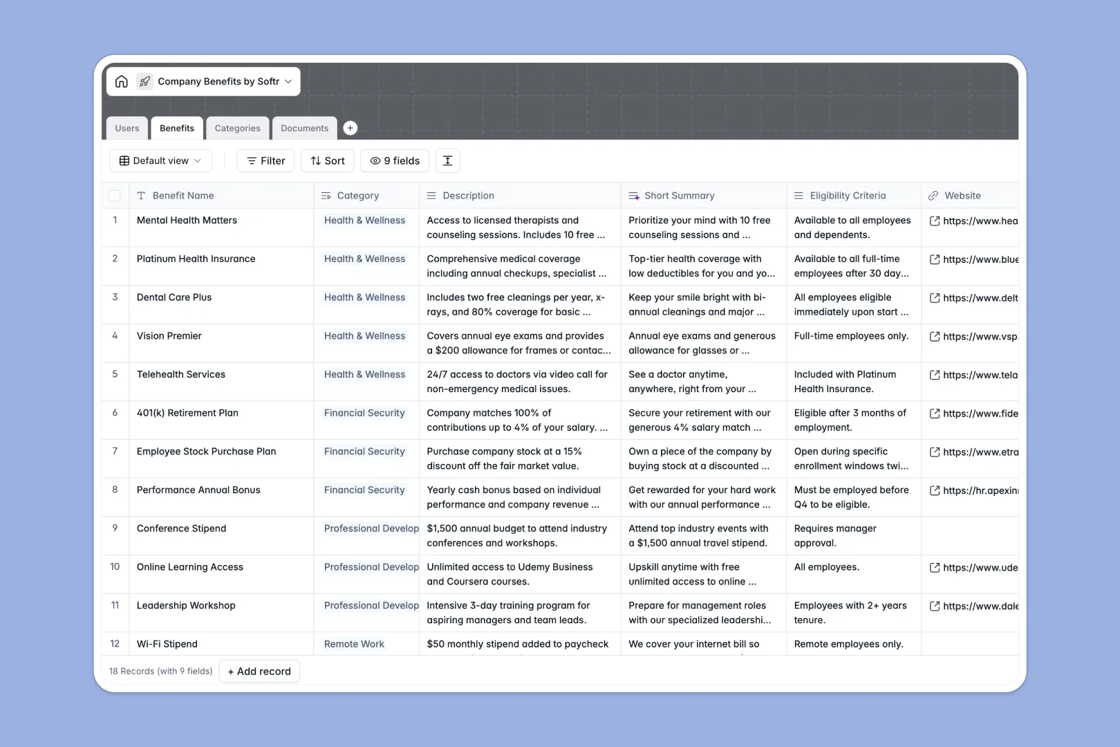 Company Benefits Database Template Thumbnail