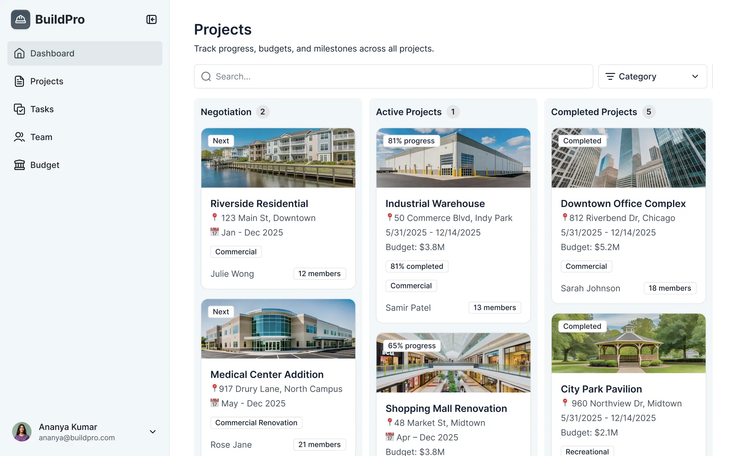 Screenshot of a construction inspection software interface displaying a project dashboard with site photos, inspection checklists, status badges, and site maps.
