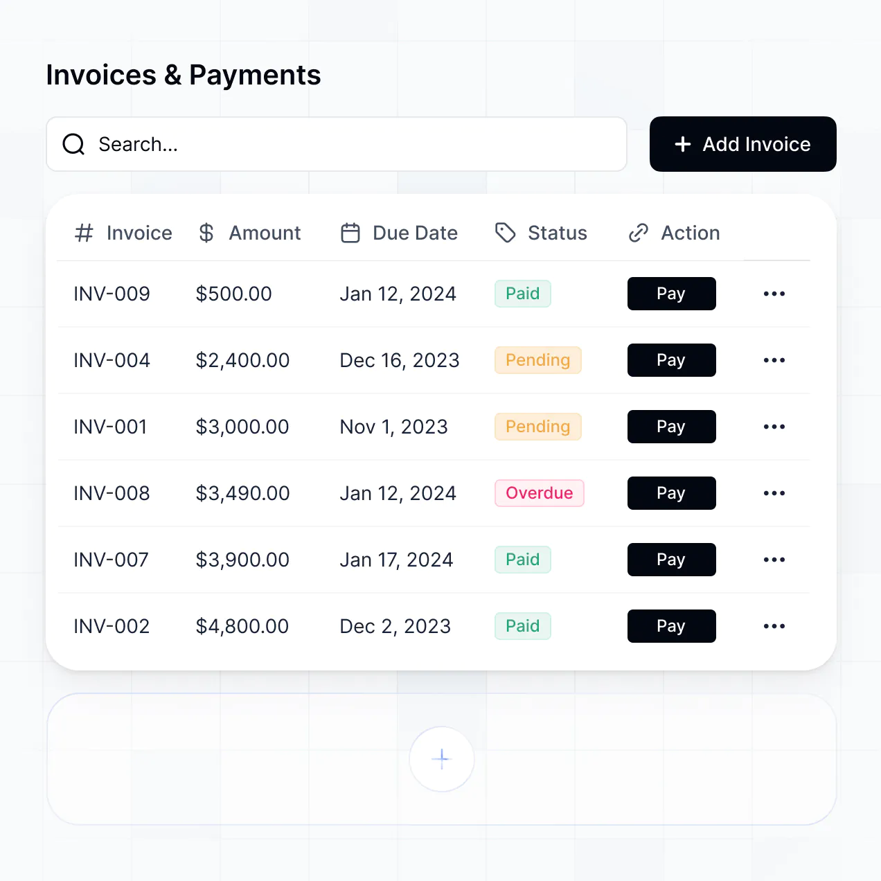 UI screenshot of billing and payment processing