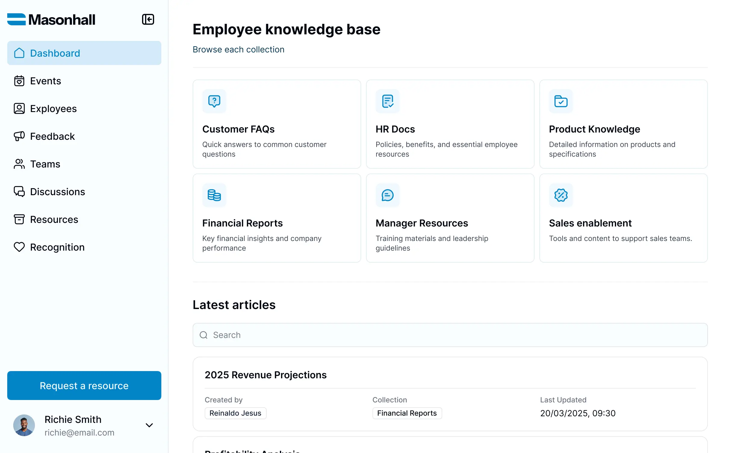 Screenshot of a knowledge base interface displaying article categories, a search bar, related resources, and user permissions.