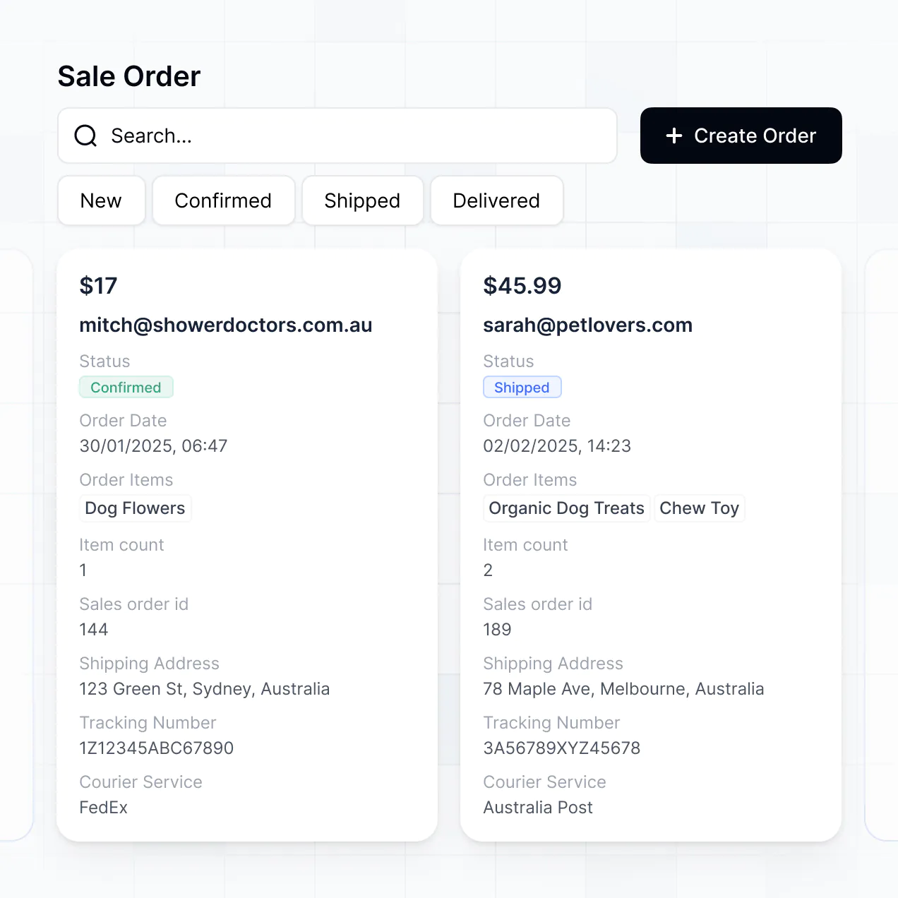 UI screenshot of purchase order status tracking