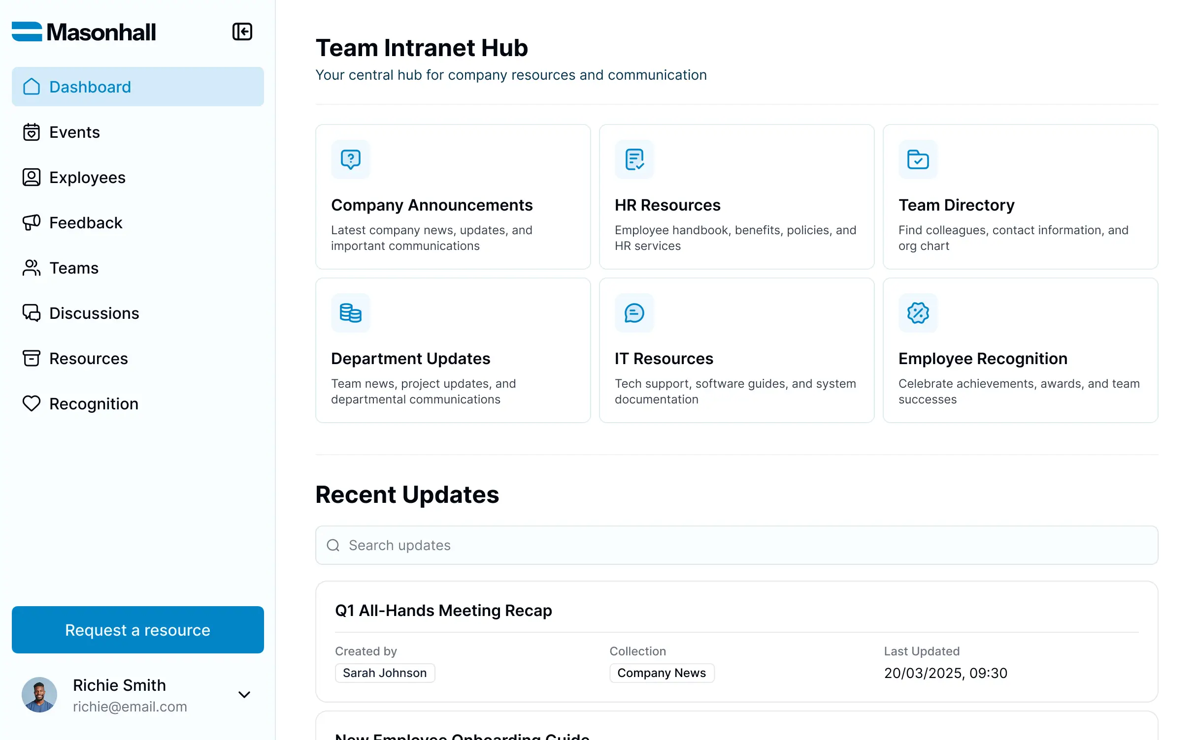 A modern user interface dashboard displaying intranet features such as navigation menus, notifications, and collaboration tools on a desktop screen.
