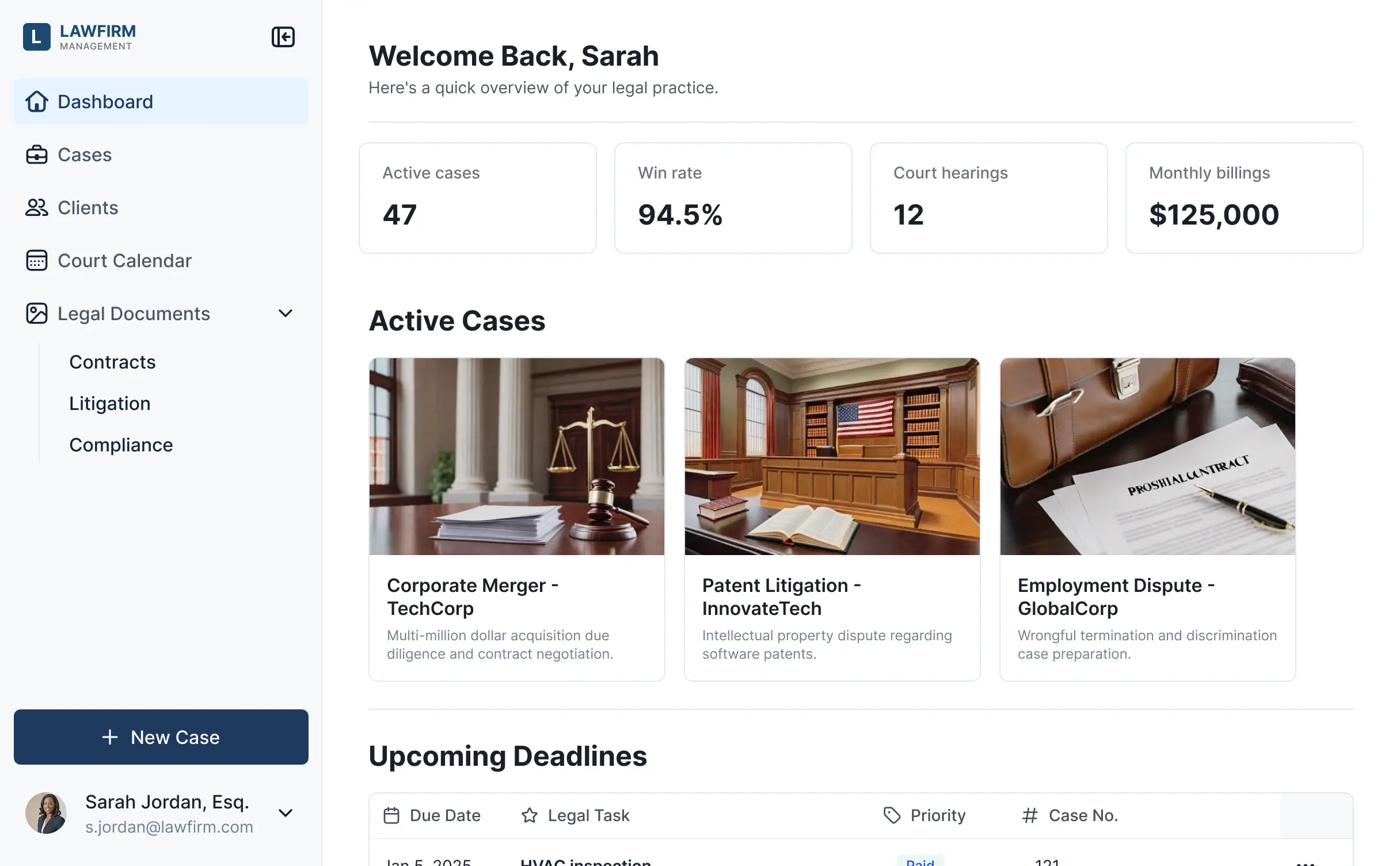 Screenshot of a legal task management interface displaying a case calendar, Kanban board for matter progress, document attachments, and user search.