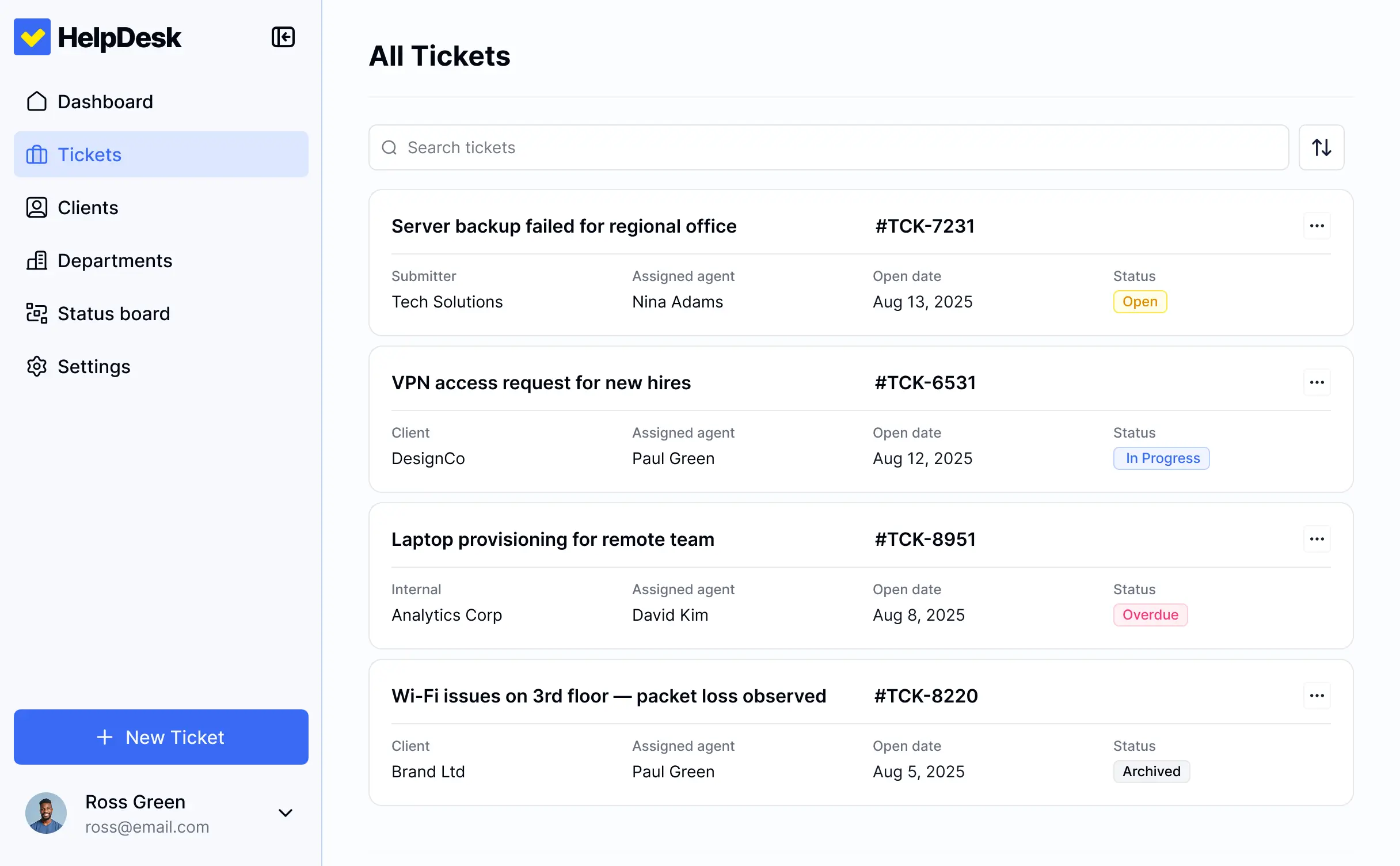 Screenshot of an issue resolution tracker interface displaying a ticket list, high-priority alert cards, developer assignment charts, and a navigation menu.