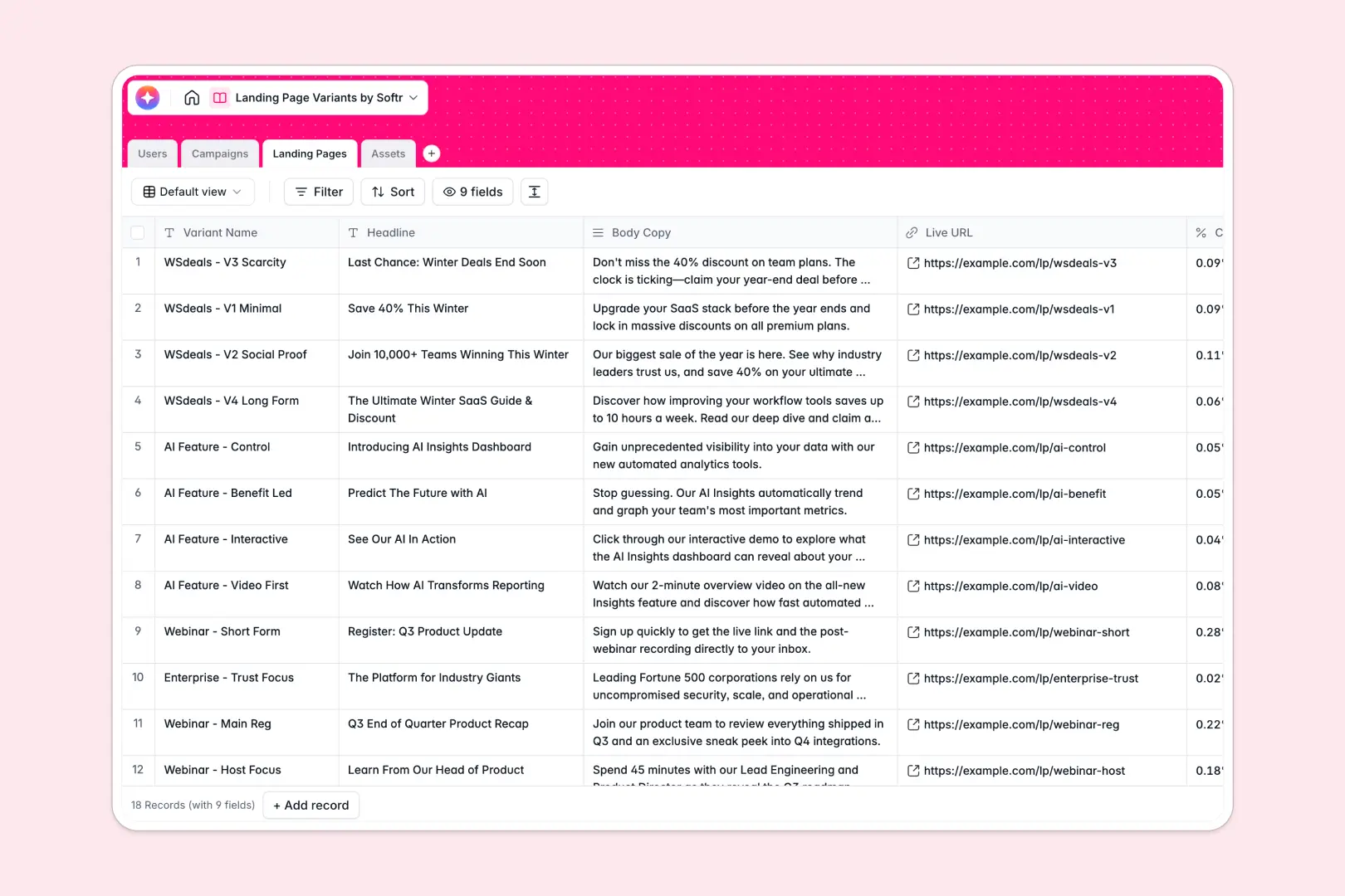 Landing Page Variants Database Template Thumbnail