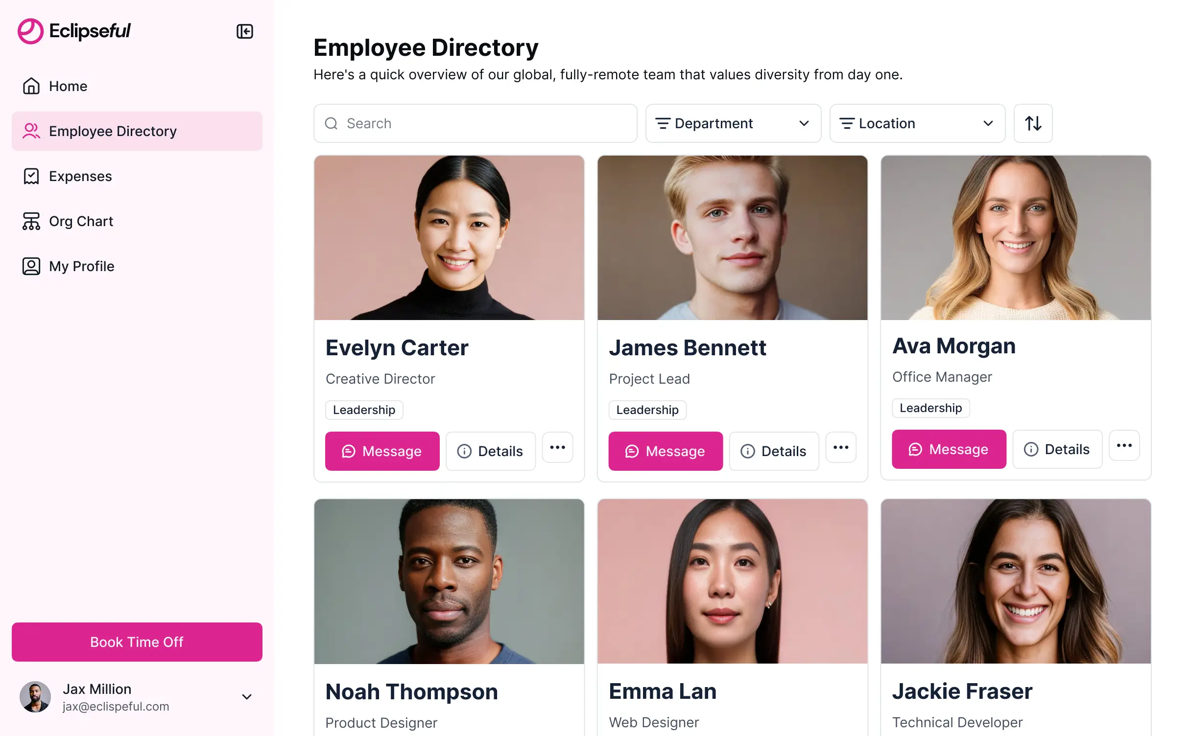 Screenshot of an HRMS portal interface displaying an employee directory with profile photos, a leave balance dashboard, and a navigation sidebar.
