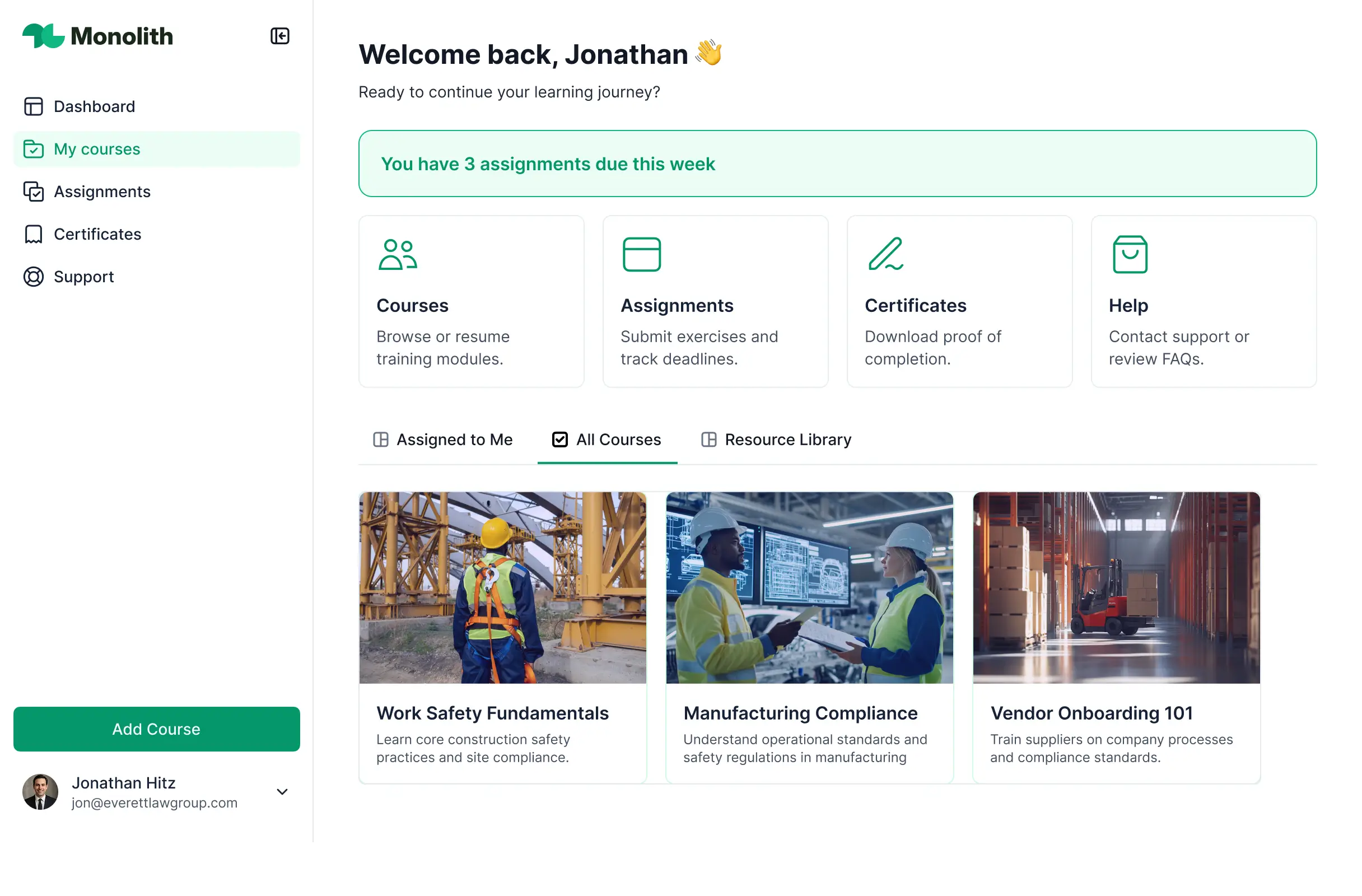 Screenshot of a certification management system interface displaying a student progress dashboard, active course lists, credential status trackers, and navigation menus.