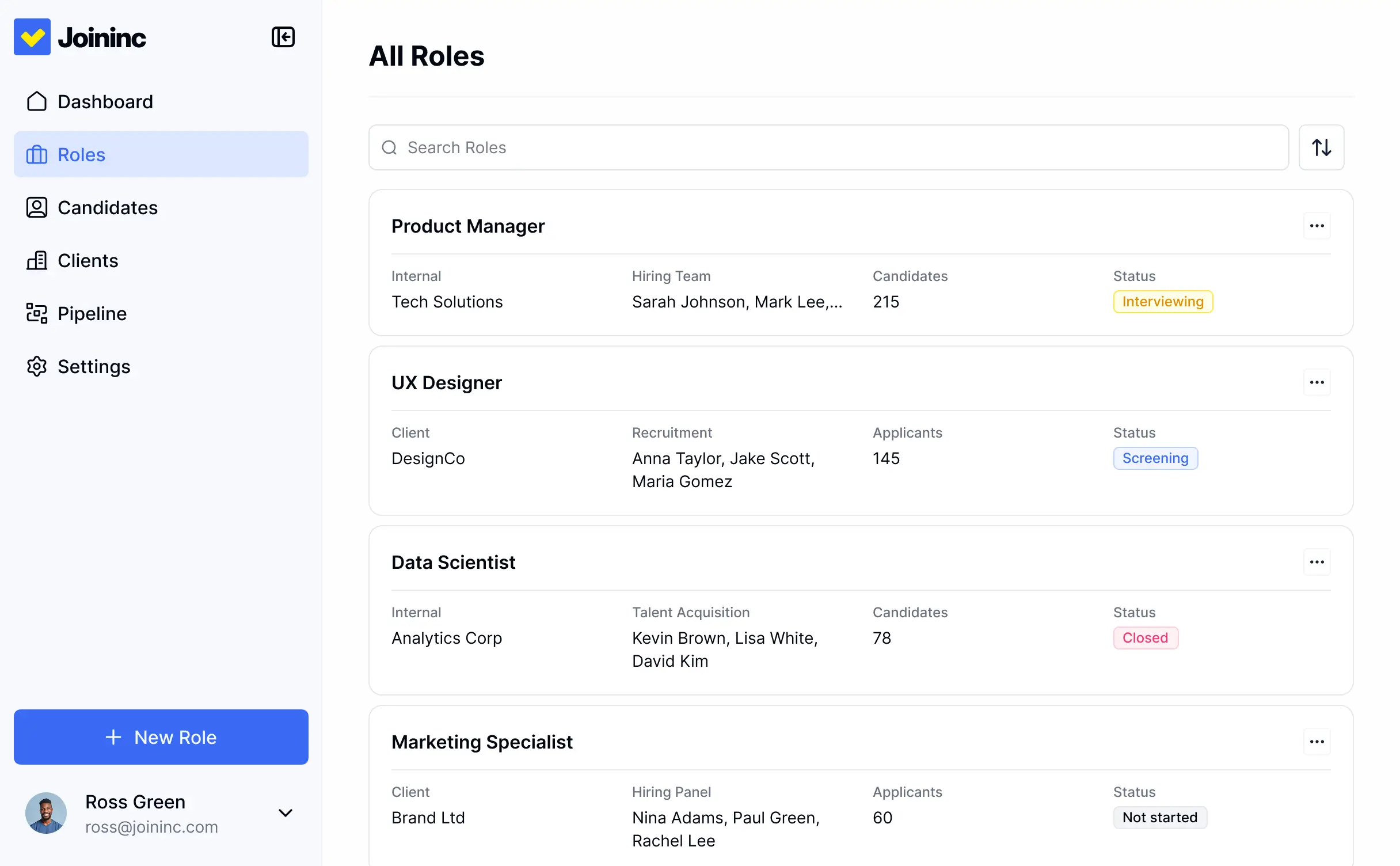 Screenshot of a staffing agency software interface displaying a candidate pipeline board, searchable talent database, job status indicators, and side navigation.