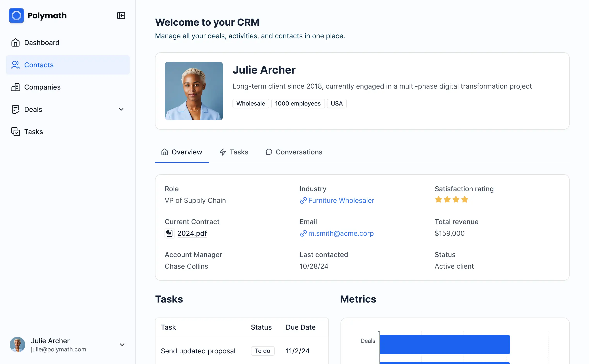 Screenshot of a client management app interface featuring a centralized contact list, lead status pipeline cards, interaction history timeline, and action buttons for scheduling meetings.