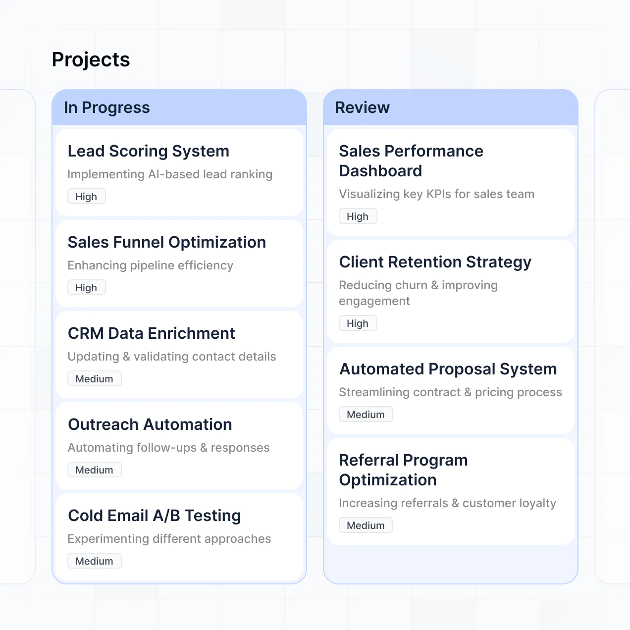 UI screenshot of task and project tracking