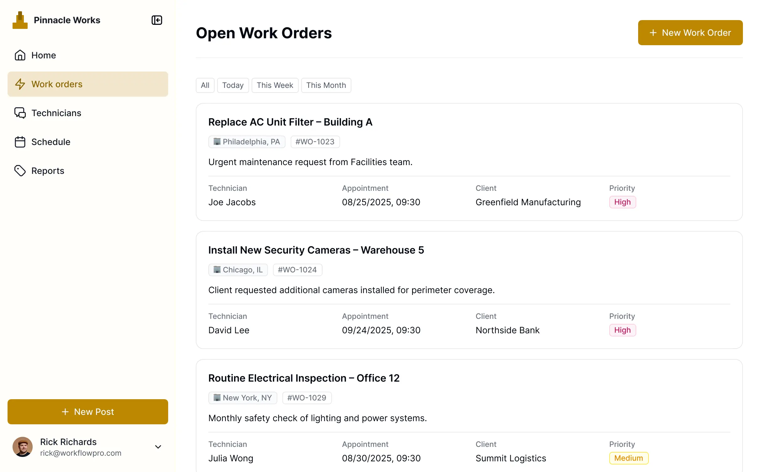 Screenshot of a maintenance management system interface displaying a work order queue, asset status cards, technician assignments, and a maintenance calendar.