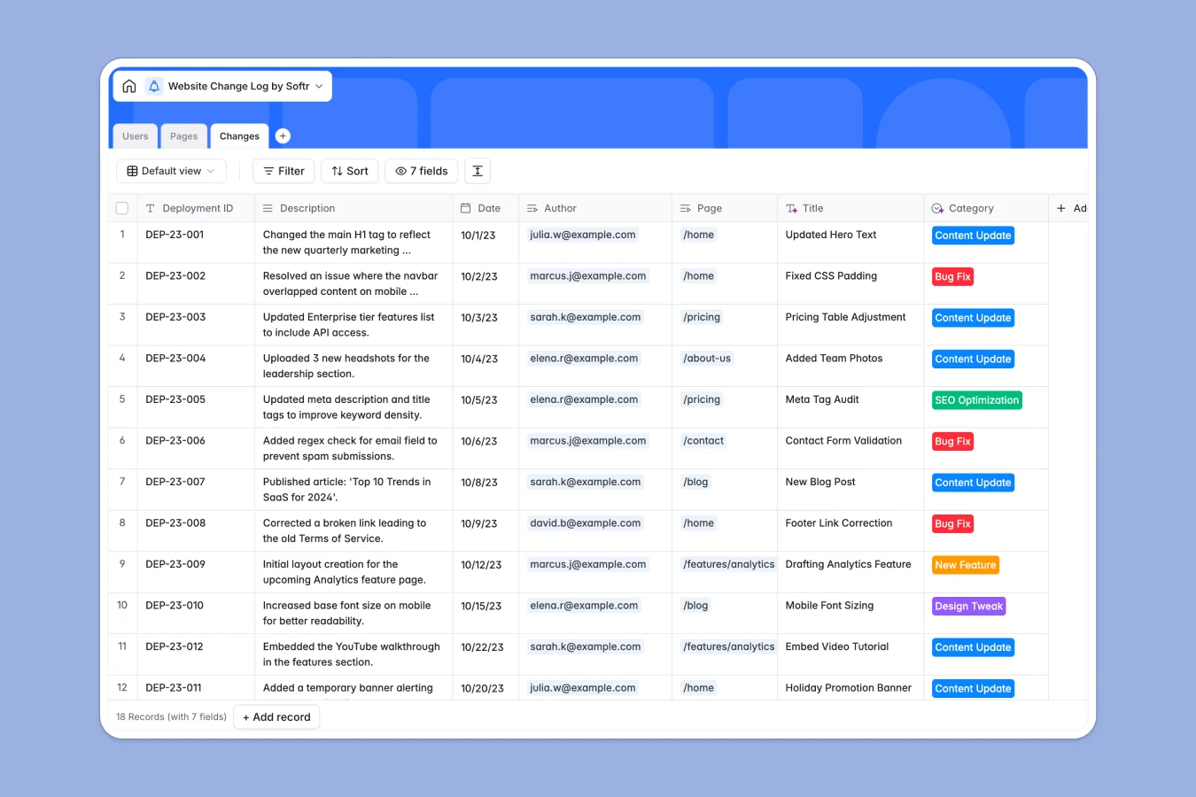 Website Change Log Database Template Thumbnail
