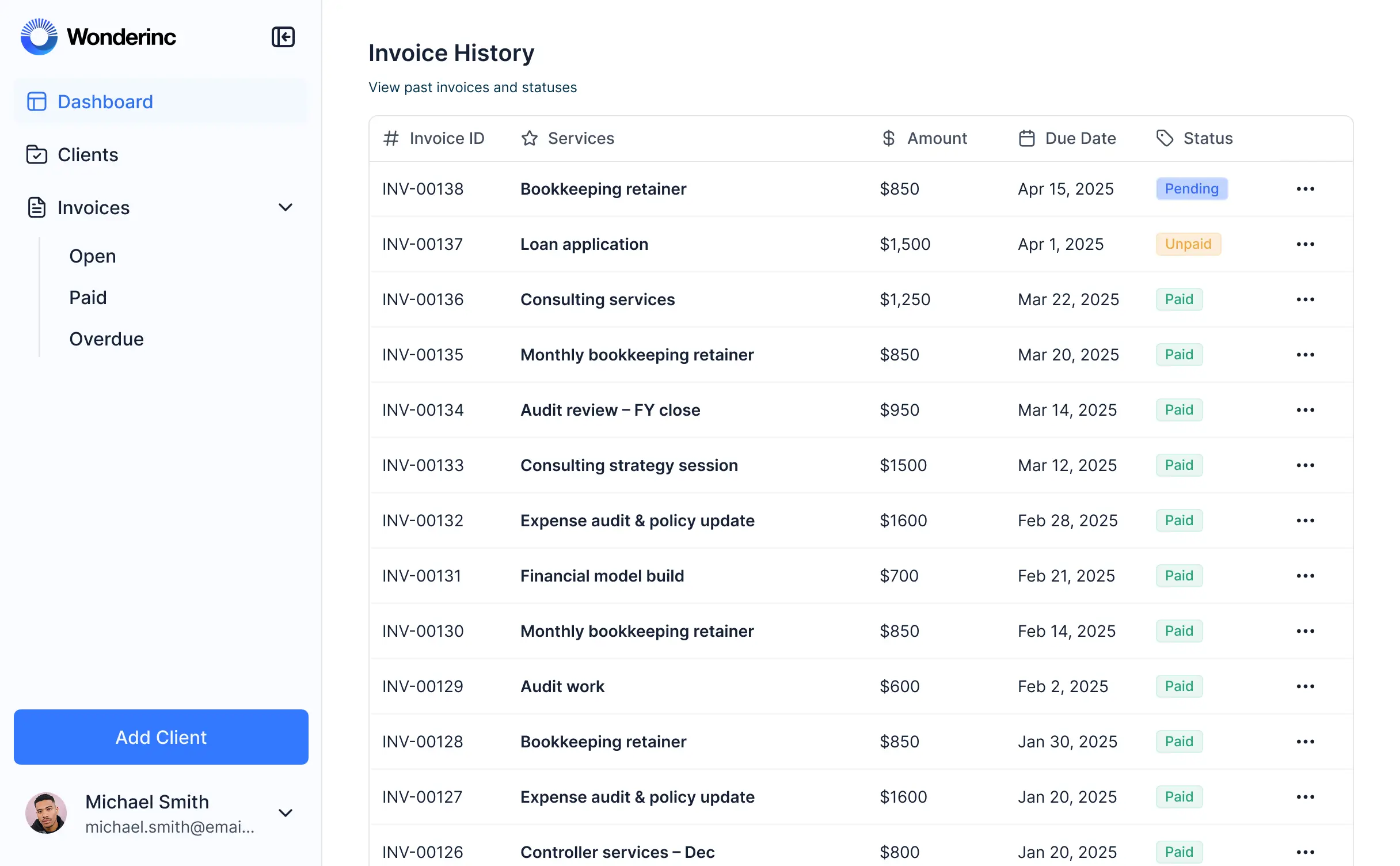 Screenshot of a project management invoicing software interface displaying project lists, invoice details, client information, and navigation menus.