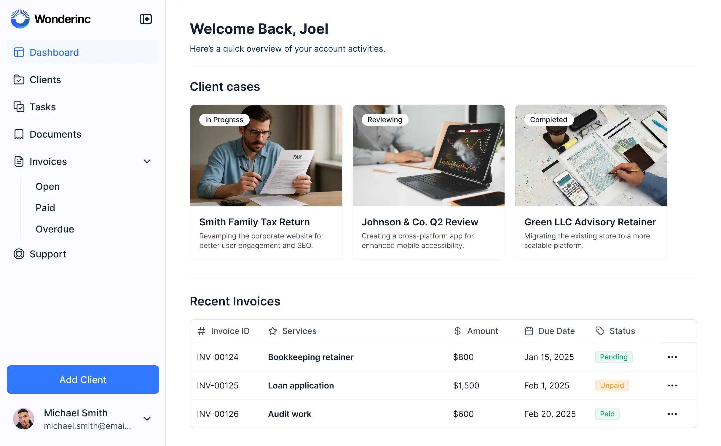 Screenshot of a Xero client portal user interface displaying account information, recent transactions, and navigation menus.